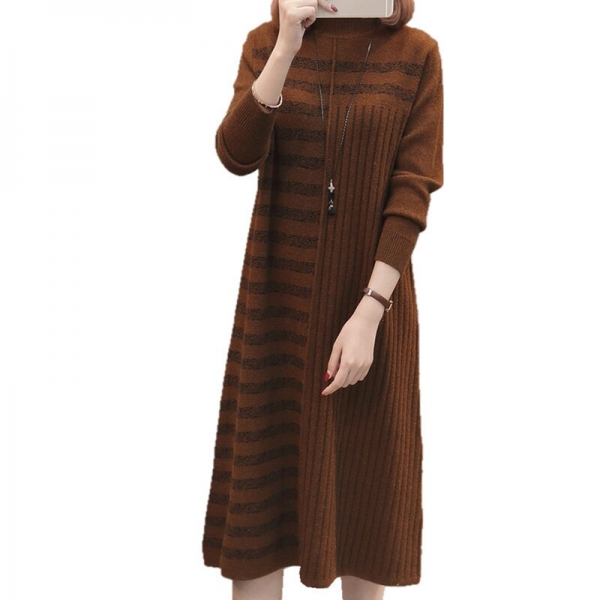 19 Women Autumn Winter Half Turtleneck Pullover Knitted Sweater Dress Female Elegant Loose Long Sleeve Striped Pull Knit Dress 19 Women Autumn Winter Half Turtleneck Pullover Knitted Sweater Dress Female Elegant Loose Long Sleeve Striped Pull Knit Dress