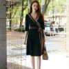 Black Striped Half Sleeve V-neck Knee-length Casual Office Lady Dress