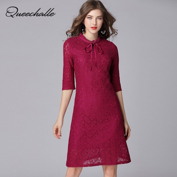 Queechalle Fuchsia Elegant Lace Dress for Women Bow Ties Collar Half Sleeve Women Dress 3XL 4XL 5XL Plus Size One-piece Vestidos