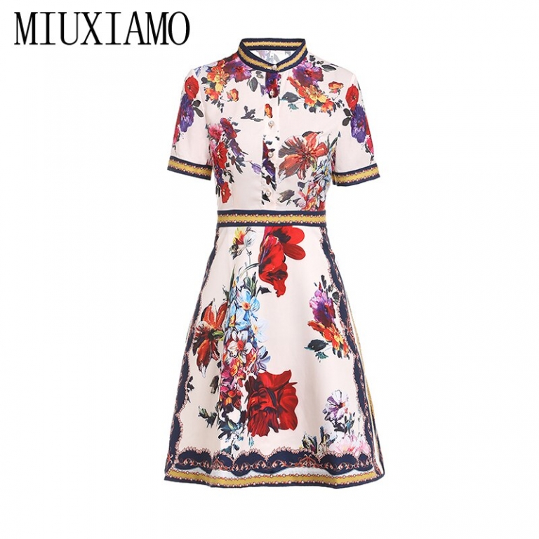 MIUXIMAO 19 High Quality New Fashion Runway Summer Dress Women's Retro Half Sleeve Stereo Flower Vintage Dress vestidos