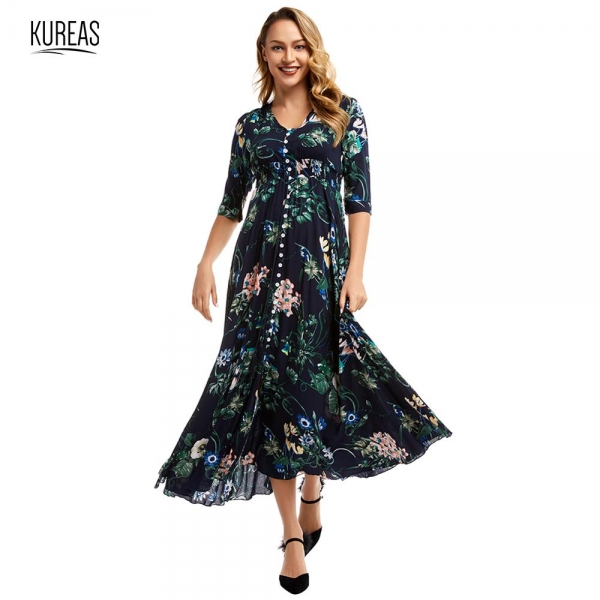 Kureas Chiffon Maxi Dress Women Fashion Floral Printed Half Sleeve Long Dresses Single Breasted Button Decor Kureas Chiffon Maxi Dress Women Fashion Floral Printed Half Sleeve Long Dresses Single Breasted Button Decor