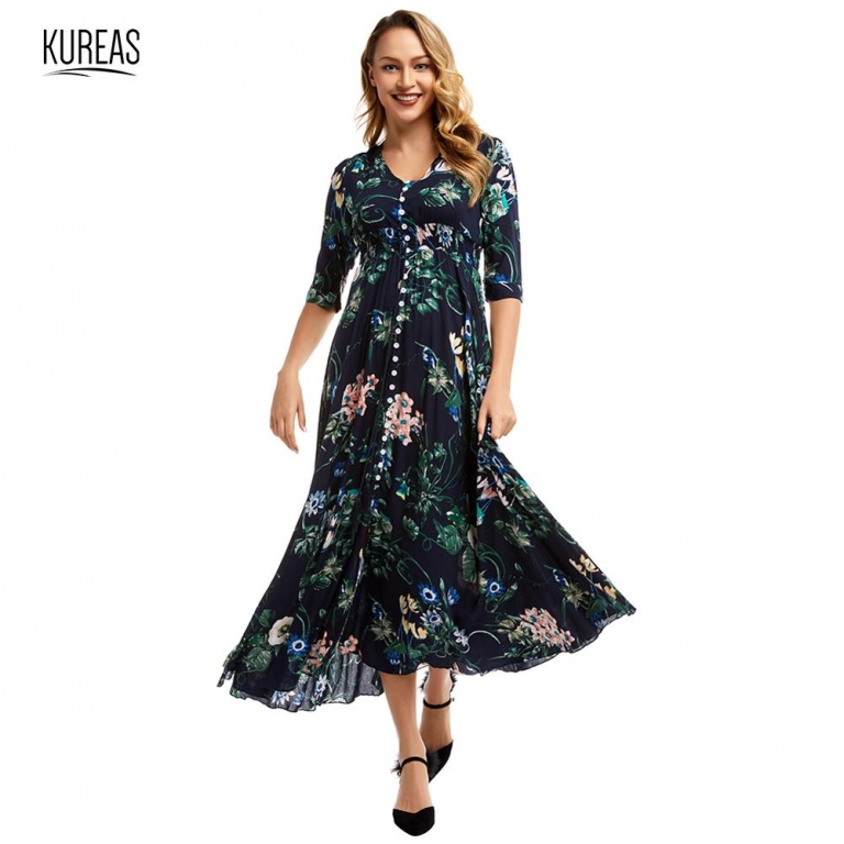 Kureas Chiffon Maxi Dress Women Fashion Floral Printed Half Sleeve Long Dresses Single Breasted Button Decor