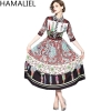 Runway Turn Down Collar Print Flower Character Chiffon Vintage Half Sleeve Ladies Midi Dress