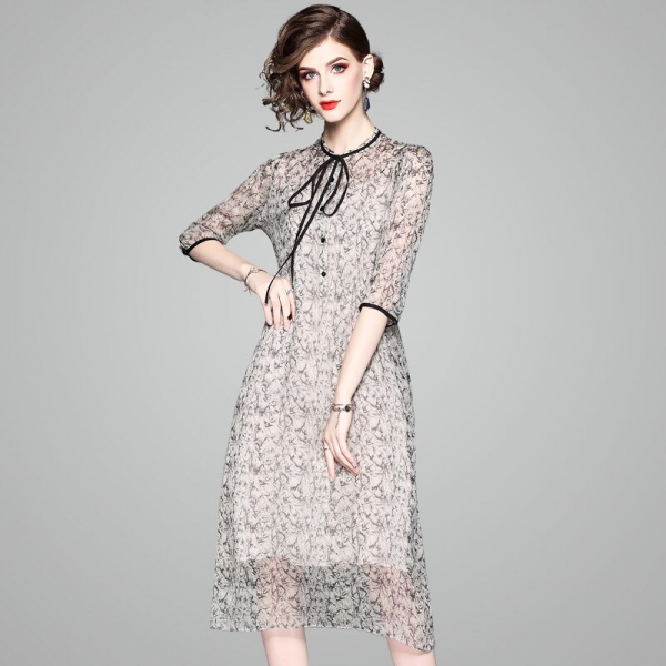 100% Natural Silk Dress Women Summer Fashion Printed O-Neck Half Sleeved Loose A-Line Two Piece Dress Midi M-XXL