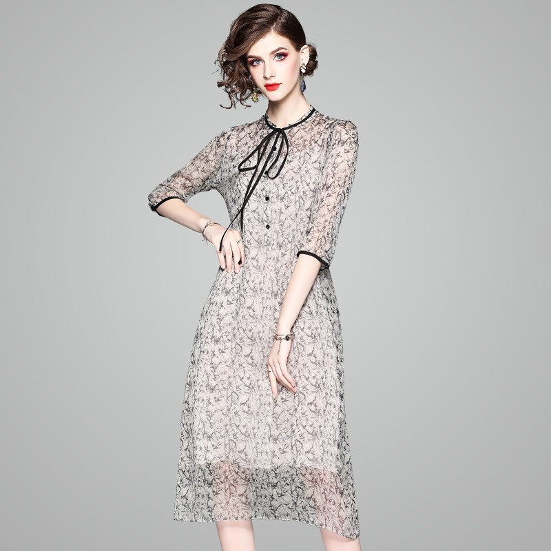 100% Natural Silk Dress Women Summer Fashion Printed O-Neck Half Sleeved Loose A-Line Two Piece Dress Midi M-XXL