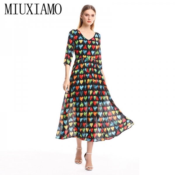 Long Dress New Arrival Fashion V-Neck Full Half Sleeve Heart Print