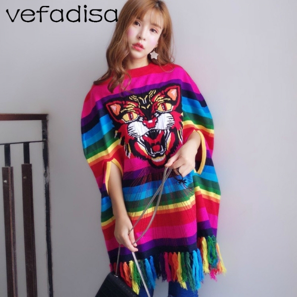 Rainbow Color Striped Tassel Sweater Dress Embroidery Tiger Head Cloak