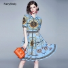 FairyShley 19 Autumn Vintage Half Sleeve Blue Print Shirt Dress Women Elegant Turn Down Collar Celebrity Evening Party Dress