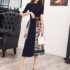 Boutique Women Knitted Dress Half Sleeve Printing Pleated Patchwork