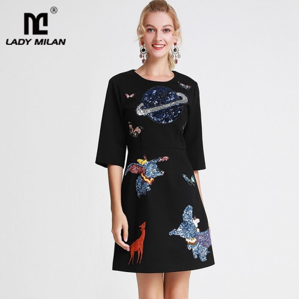 Lady Milan Women's Runway Dresses O Neck Half Sleeves Embroidery Cartoons Sequined Fashion Casual Autumn Short Dresses Lady Milan Women's Runway Dresses O Neck Half Sleeves Embroidery Cartoons Sequined Fashion Casual Autumn Short Dresses