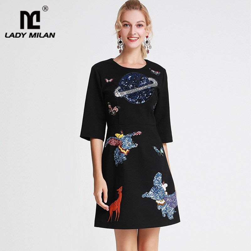 Lady Milan Women’s Runway Dresses O Neck Half Sleeves Embroidery Cartoons Sequined Fashion Casual Autumn Short Dresses