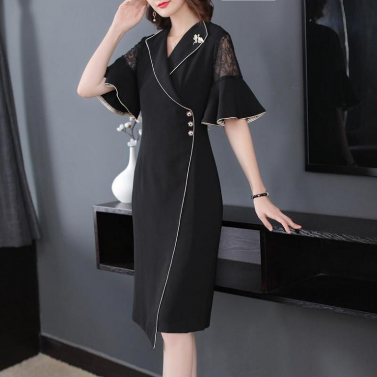 Fall Summer Elegant Women Suit 17 Ruffle Half Sleeve Lace Patchwork Black Dress , Office Lady Female Slim Xxl Button Dresses