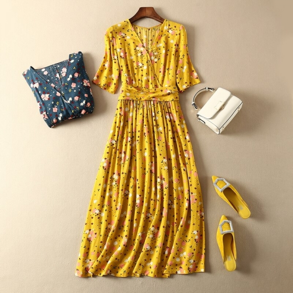 CAMIA French 100% viscose V collar waist knot half sleeve floral printing Elegant and high quality midi dress CAMIA French 100% viscose V collar waist knot half sleeve floral printing Elegant and high quality midi dress