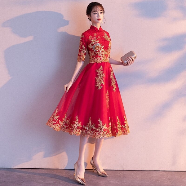 Red Womens Halter Half Sleeve Party Dress Chinese Style Lace Cheongsam Wedding Elegant Prom Maxi Qipao Long Gown Vestido XS-XXL 1 Stunning Red Halter Half Sleeve Cheongsam: Elevate Your Party Style