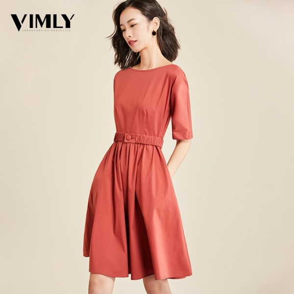 Vimly Casual Office Dress Half Sleeve Elegant Tunic Solid Dresses Female O Neck Zipper Belted A Line Dress Vestidos OL Style Vimly Casual Office Dress Half Sleeve Elegant Tunic Solid Dresses Female O Neck Zipper Belted A Line Dress Vestidos OL Style