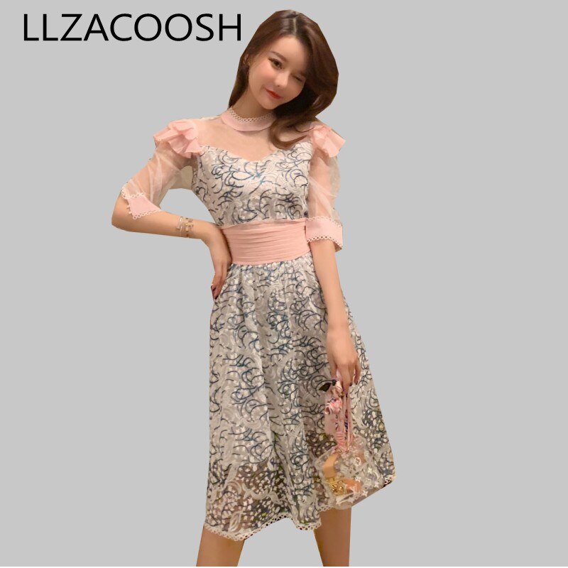 New Fashion Women Party Dress 19 Runway Summer Sweet pink mesh Patchwork half Sleeve Dress Embroidery Floral Midi Dresses