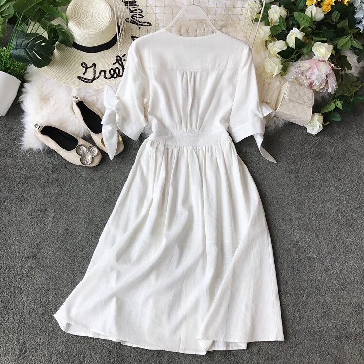 19 new fashion women’s dresses Vintage half sleeve length summer dress white linen V-neck holiday 2