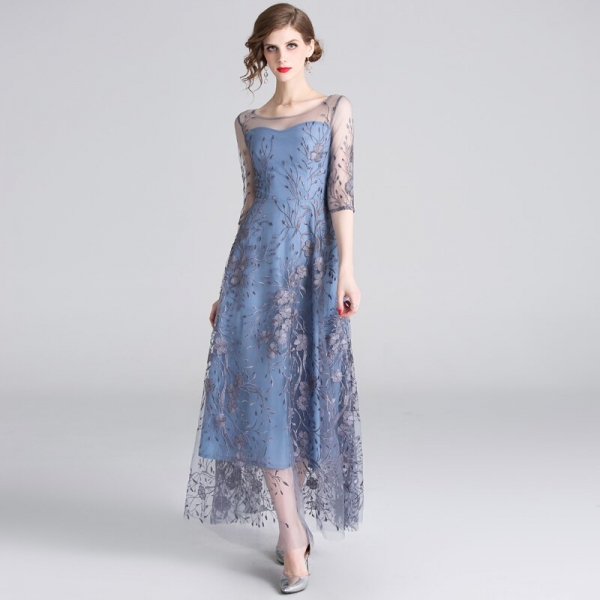 HAMALIEL Runway Noble Half Sleeve Women Tull Long Dress 19 Spring Mesh Embroidery Floral Dress Elegant Patchwork Slim Vestidos 1 Floral Runway Noble Half Sleeve Women Tull Long Dress