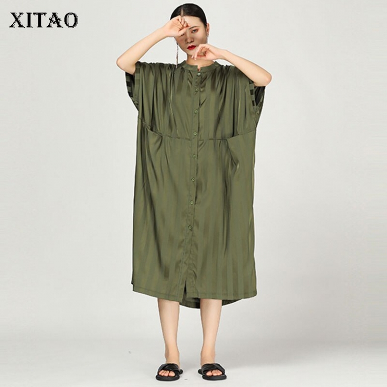 [XITAO] 19 Summer Korea Fashion Stand Collar Half Sleeve Loose Dress Female Patchwork Striped Pocket Mid-calf Dress WBB3369