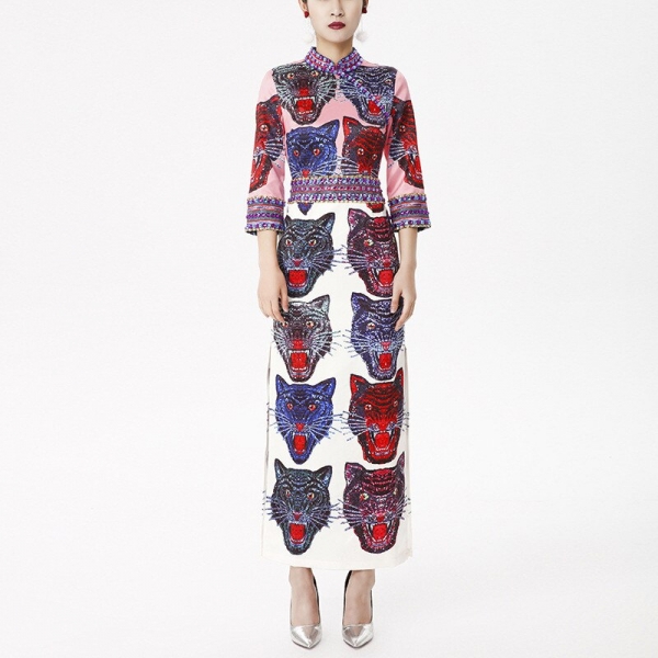 19 Summer New Arrival Women Stand Collar Half Sleeve Beaded Cartoons Printed Side Split Designer Long Runway Dresses Lucury 19 Summer New Arrival Women Stand Collar Half Sleeve Beaded Cartoons Printed Side Split Designer Long Runway Dresses Lucury