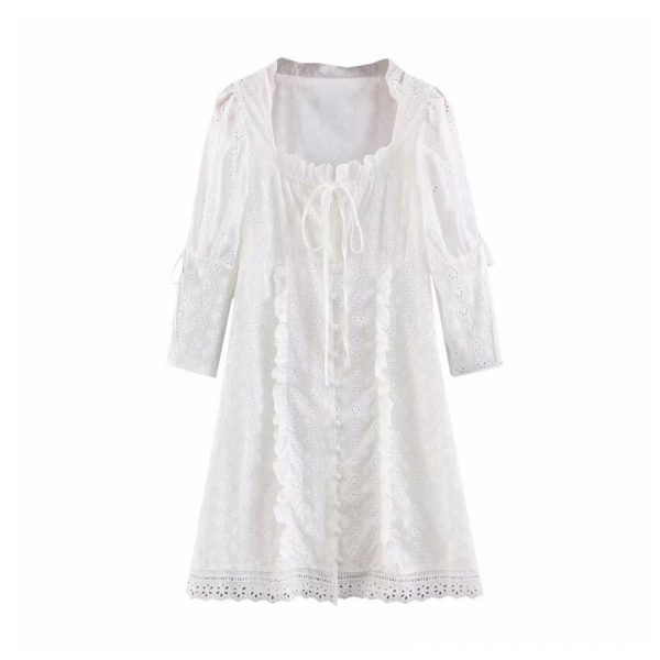 Women sweet embroidery hollow out mini dress white pleated half sleeve dresses female sweet chic A line vestido Women sweet embroidery hollow out mini dress white pleated half sleeve dresses female sweet chic A line vestido