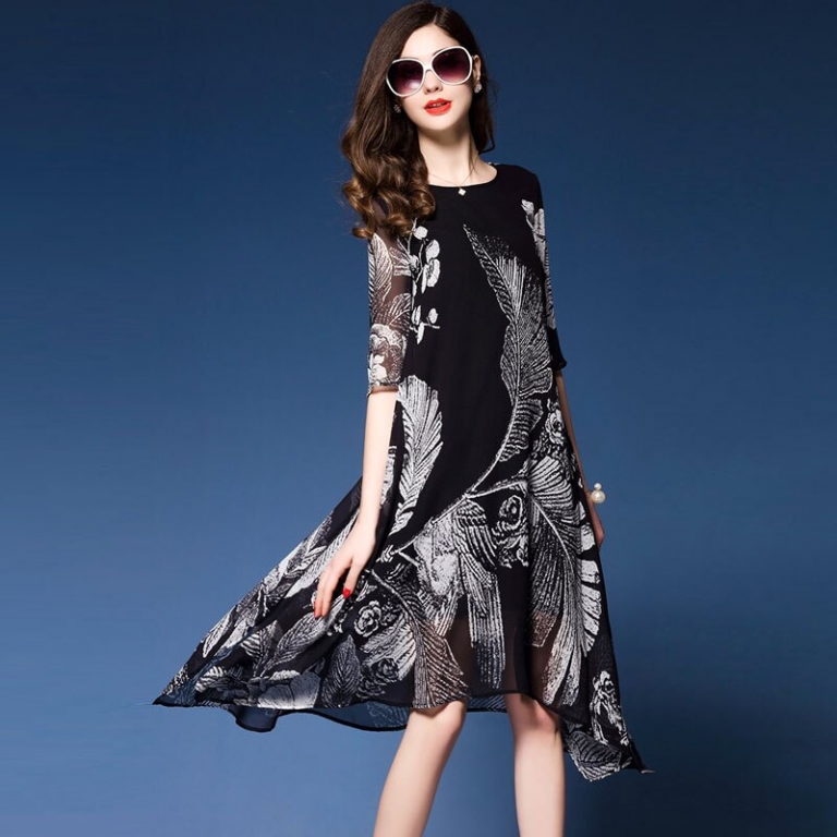Western Fashion Floral Print Dresses Woman Half sleeve Brand Vestidos Mujer 18 Elegant Rayon Dress Summer new dress black