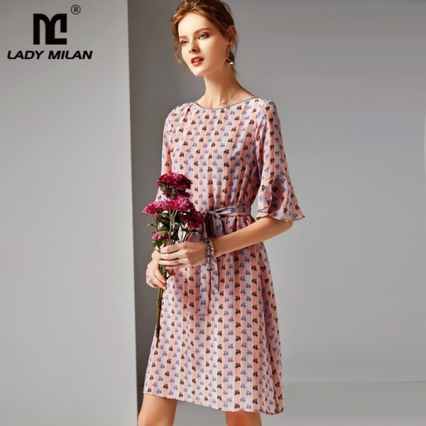 19 100% Silk Women's Runway O Neck Half Flare Sleeves Printed Sash Belt Floral Fashion Summer Dresses 1 O Neck Half Flare Sleeves Printed Sash Belt Floral Fashion Summer Dress