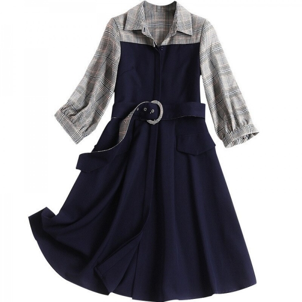New Fashion 19 Spring Autumn Office Lady Black Patchwork Plaid Dress Turn-down Collar Half Sleeve Elegant Women's A-line Dress 1 Black Patchwork Plaid Dress Turn-down Collar Half Sleeve Elegant Women's A-line Dress