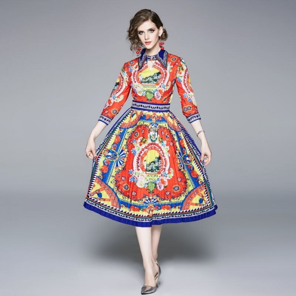 Half regular sleeve pleated bohemian turn-down collar summer vintage elegant casual party dress