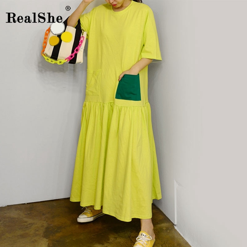 RealShe Women Maxi Dress O-Neck Short Sleeve Loose Long Dress Elegant Spring Casual Women Dress  Summer Dresses Casual 1