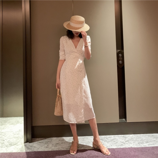 Elegant women boho floral wrap half sleeve chiffon beach dress
