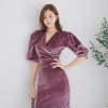 Elegant Velvet Dress - V Neck Half Puff Sleeve Pencil Bodycon Dress for Women 