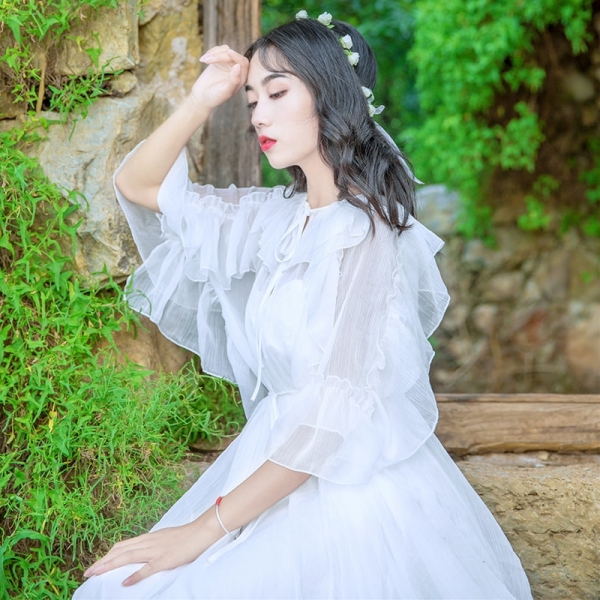 Women New Fashion Fairy White Dress Lace-up Collar Ruffles Half Sleeve Chiffon Long Dress Vestidos Mujer Robe Femme 19 1 White Dress Lace-up Collar Ruffles Half Sleeve Chiffon