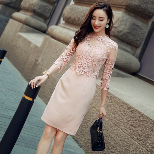 Lace Mini Dress O-neck Elegant Slim Women Dress Half Sleeve High Waist