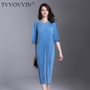 Winter Pleats Loose O-neck Half Sleeve Double Pockets Elastic Dress