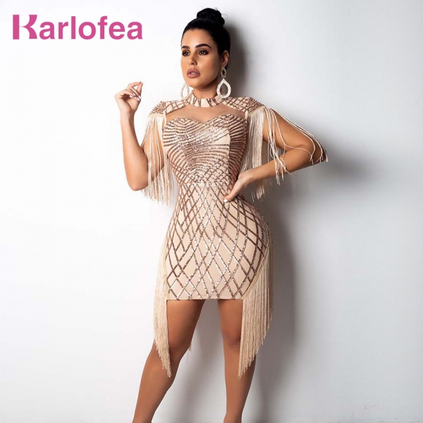 Karlofea New Tassel Cloak Sleeve Party Dress Sexy Hollow Out Sequin Bodycon Mini Dress Gold Club Birthday Fringe Women Dresses