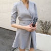 spring women work OL temperament dress simple double-breasted V-neck dress solid color half sleeve dress