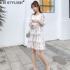 Casual Print Lace Stitch Cutout Half Sleeve High Waist Thin