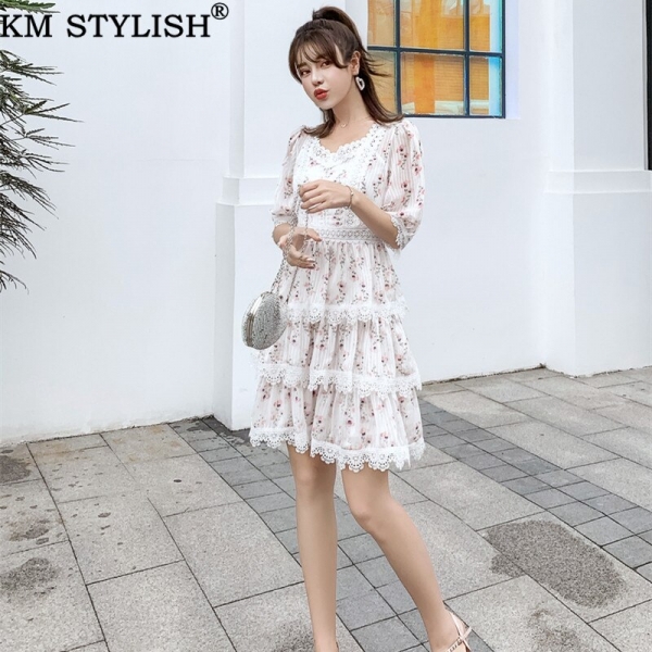 Casual Print Lace Stitch Cutout Half Sleeve High Waist Thin