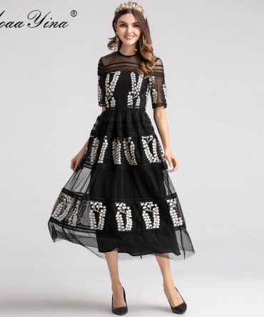 MoaaYina Fashion Designer Runway dress Spring Women Dress Half sleeve Mesh Embroidery Floral Black Elegant Ball Gown Dresses