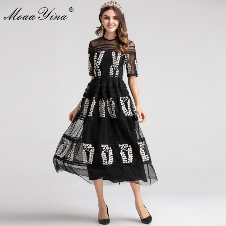 MoaaYina Fashion Designer Runway dress Spring Women Dress Half sleeve Mesh Embroidery Floral Black Elegant Ball Gown Dresses