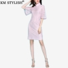 Vintage Elegant Women's Pink Soft Lace Slim Flare Half Sleeve Lady Cheongsam