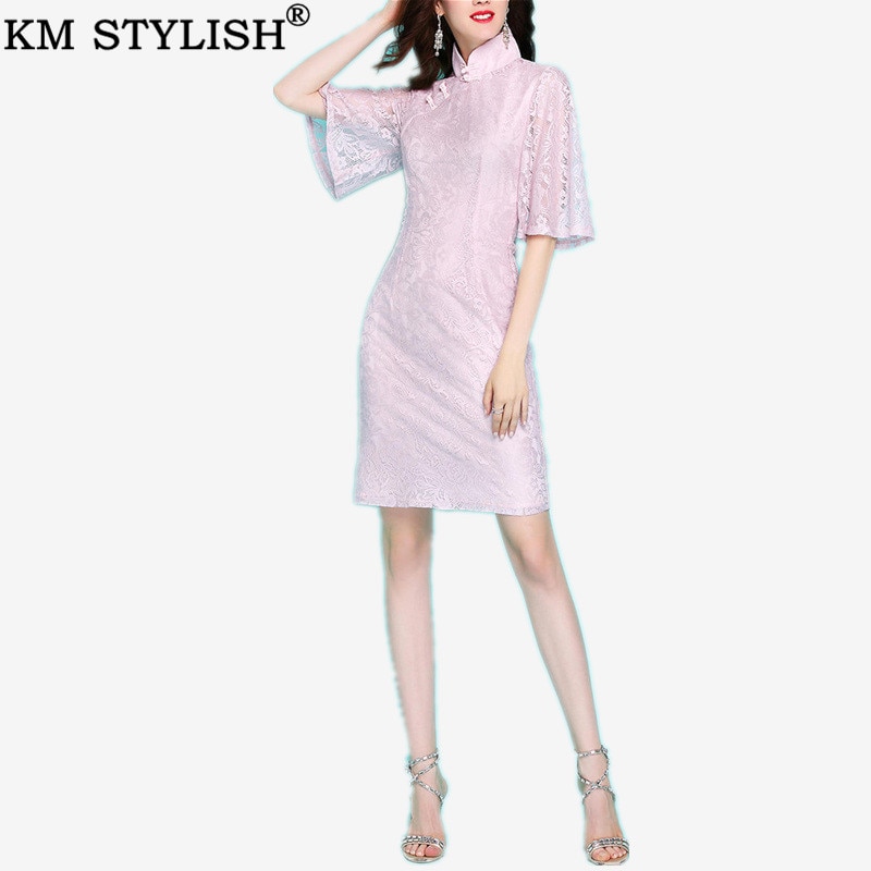 Early Spring New Vintage Elegant Women’s Pink Soft Lace Slim Flare Half Sleeve Lady Cheongsam Chinese Style Sheath Dress 1