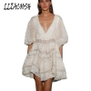 V-Neck Hollow Out Summer Short Dress Women Half sleeve White Dress