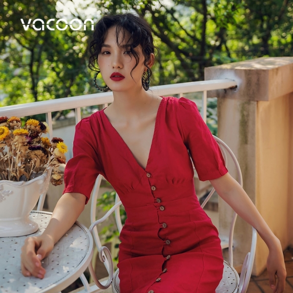 New Female Dress Woman Red retro Two-piece office slim dress V Neck fishtail dress