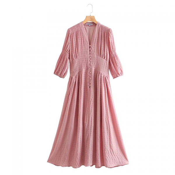 Women Summer Vintage Solid Dress Half Sleeve Buttons High Waist V-Neck Dresses Female Elegant A-Line Dress vestidos Clothing