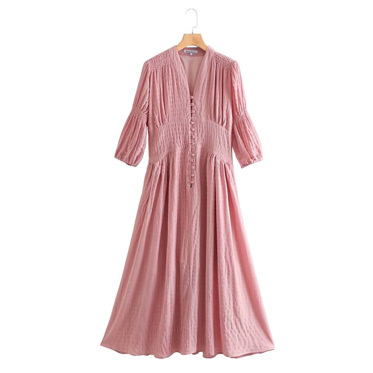Women Summer Vintage Solid Dress Half Sleeve Buttons High Waist V-Neck Dresses Female Elegant A-Line Dress vestidos Clothing