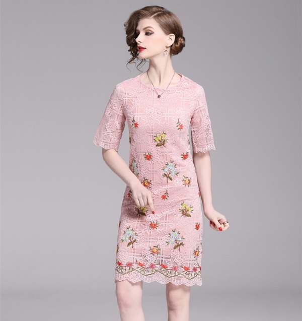 Pink Lace Floral Pencil Fashion Dress Slim