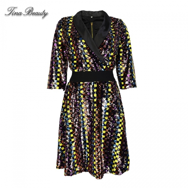 A Line Plaid Sequin Dress Female Autumn Elegant Glitter V-Neck Half Sleeve Mini Dresses Womens Party Dress Evening Vestido A Line Plaid Sequin Dress Female Autumn Elegant Glitter V-Neck Half Sleeve Mini Dresses Womens Party Dress Evening Vestido