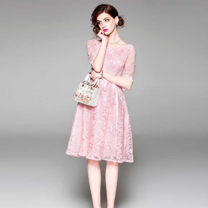 Mesh Embroidery Hollow Out Half Sleeve Female Vianteg Slim Tie Bow Dress